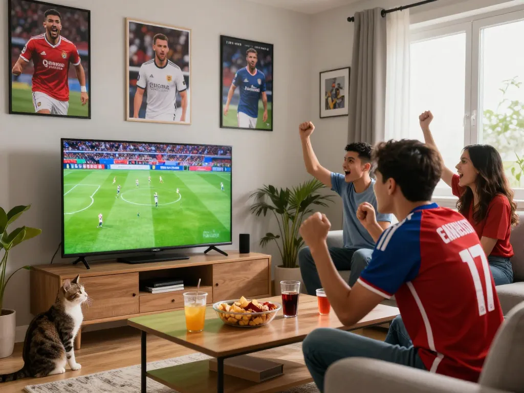 Cakhia tv live soccer streaming experience with cheerful fans in a cozy living room.