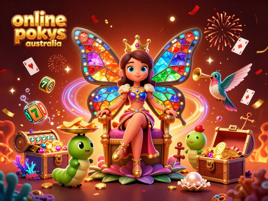Engage with online pokies Australia through this vibrant illustration of a butterfly queen and gaming elements.