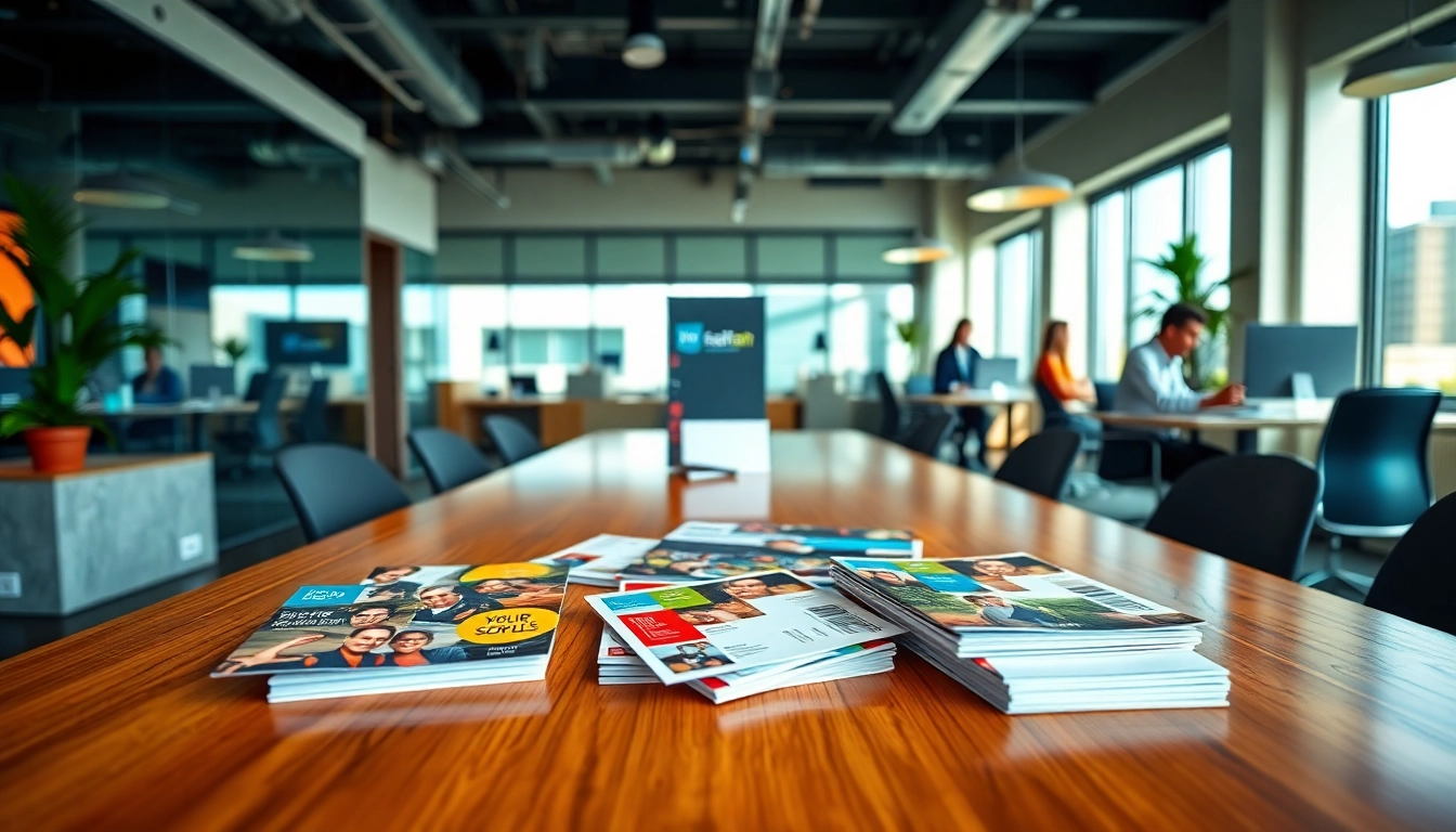 Engaging workspace of a direct mail company with colorful brochures and a collaborative team.