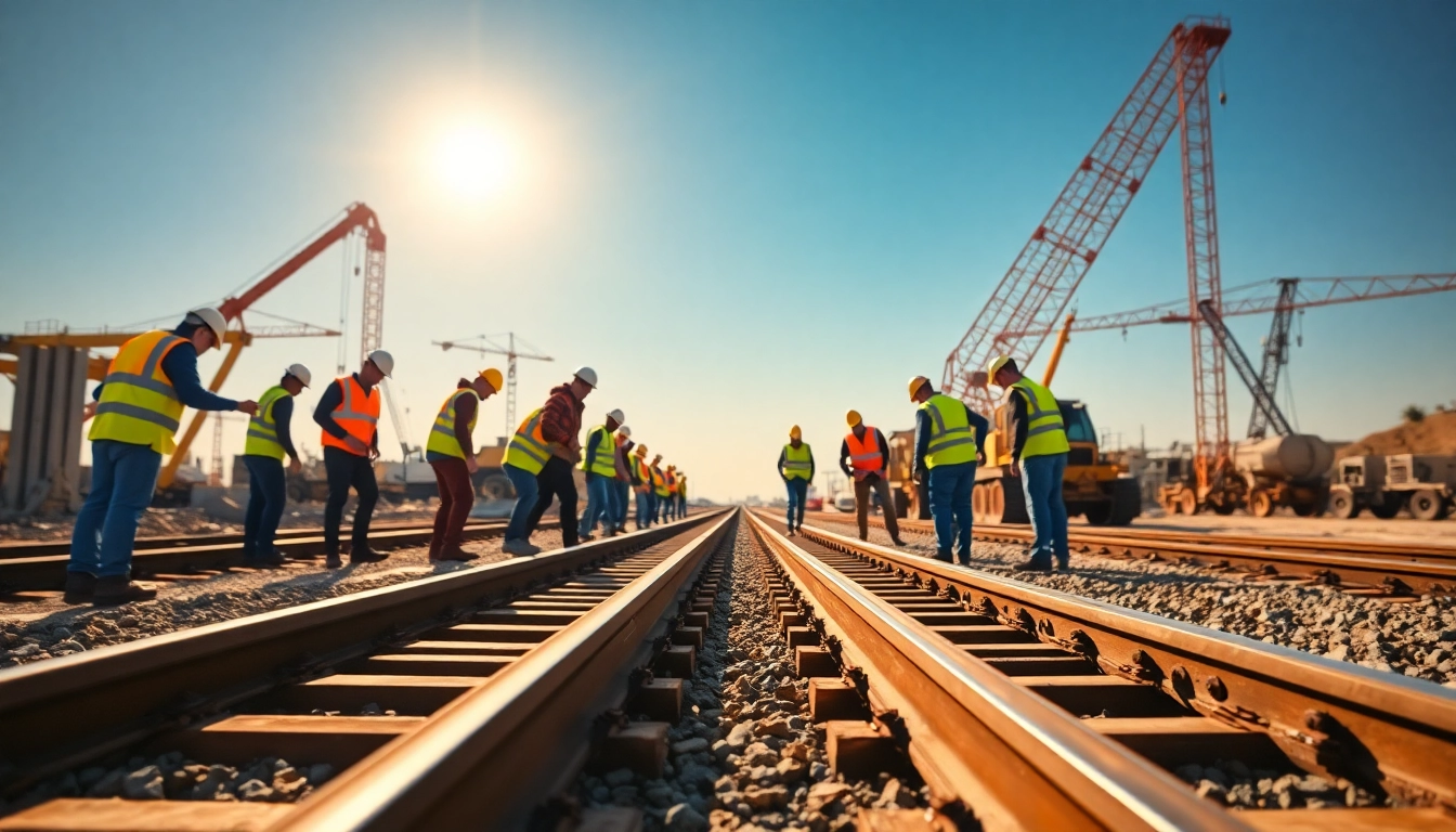 Dynamic railroad construction where workers efficiently lay tracks in a collaborative effort.