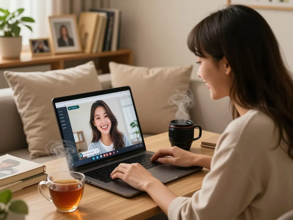 A young woman chatting with her AI girlfriend in a cozy home setting, showcasing a modern and intimate virtual relationship.