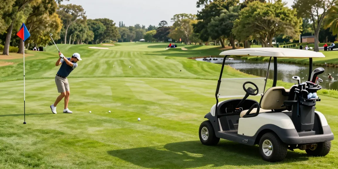 Golf cart with lithium golf cart battery on a sunny course, golfer preparing to swing.