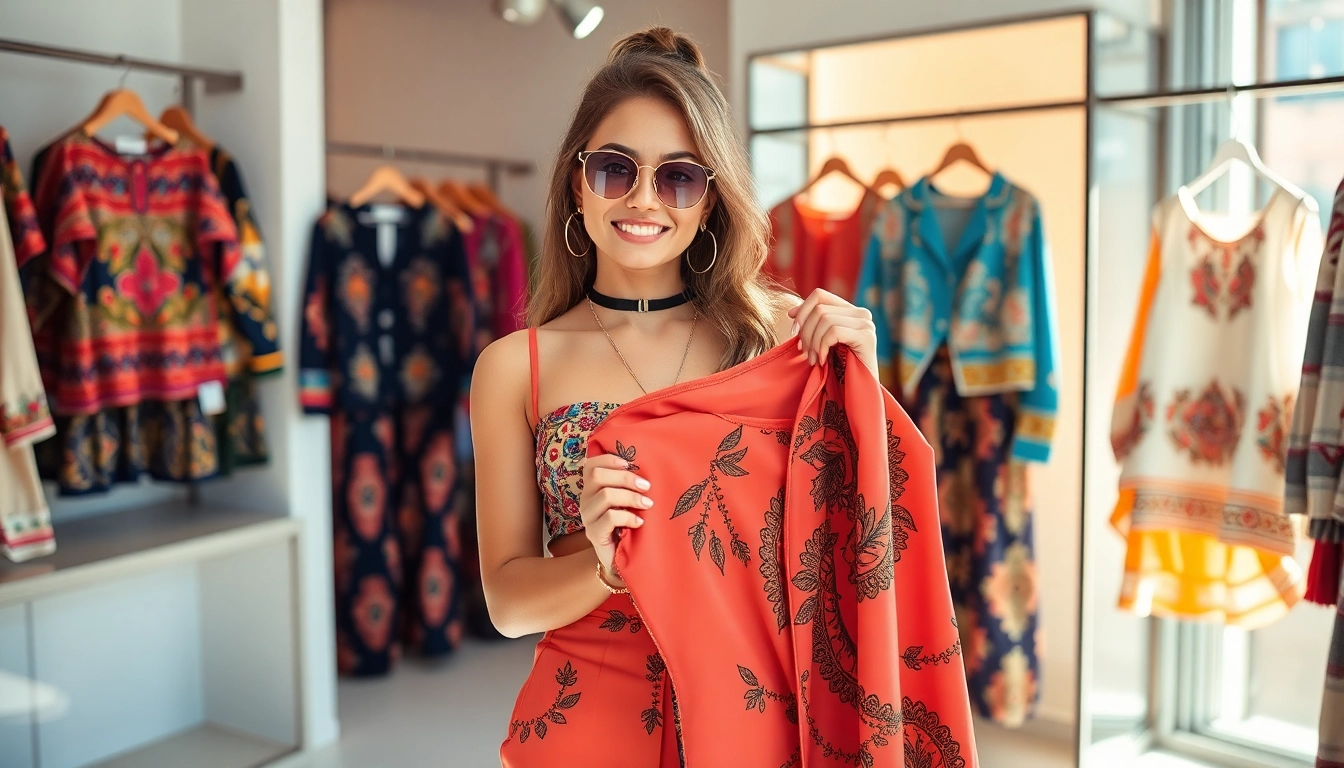 Fashion-forward individual showcasing vibrant styles in a chic boutique setting.