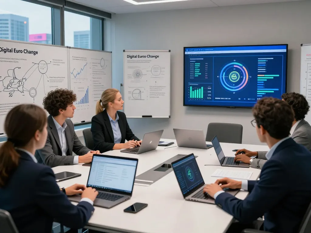 Team collaborating on Digital Euro Change strategies in a modern office.