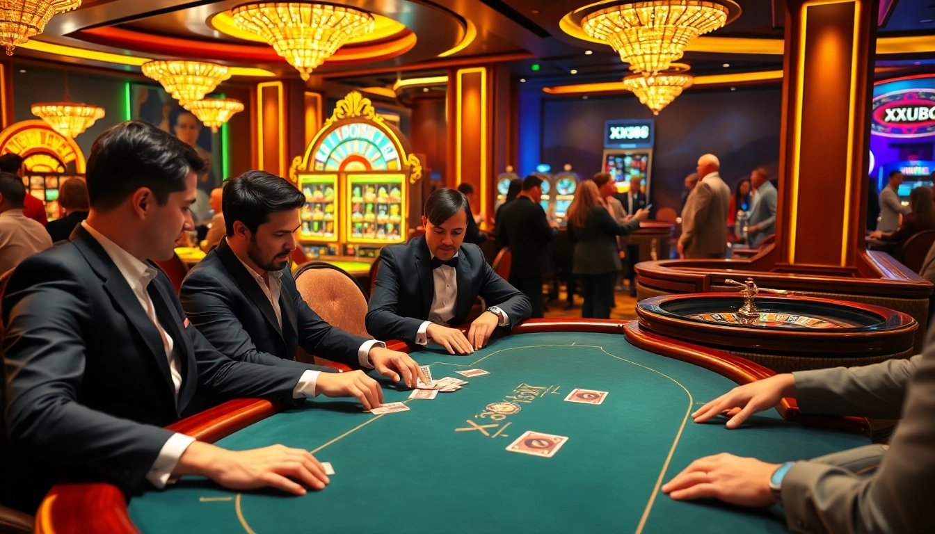 Players engaging in a high-stakes poker game at XX88 casino, surrounded by vibrant slot machines and roulette.