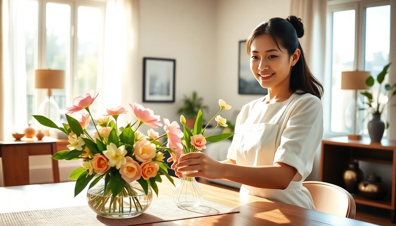 Indonesian maid arranging flowers in a bright home, exuding warmth and professionalism.