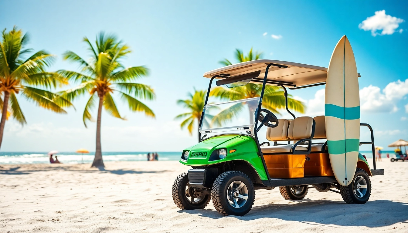 Experience thrilling San Pedro Belize Golf Cart Rental parked beside a beach, inviting fun adventures.