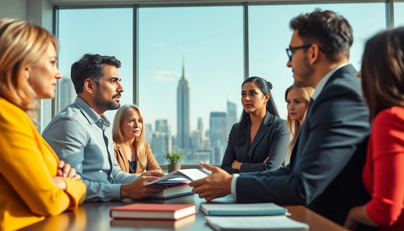 New York City Injury Lawyer discussing case strategies with clients in an office.