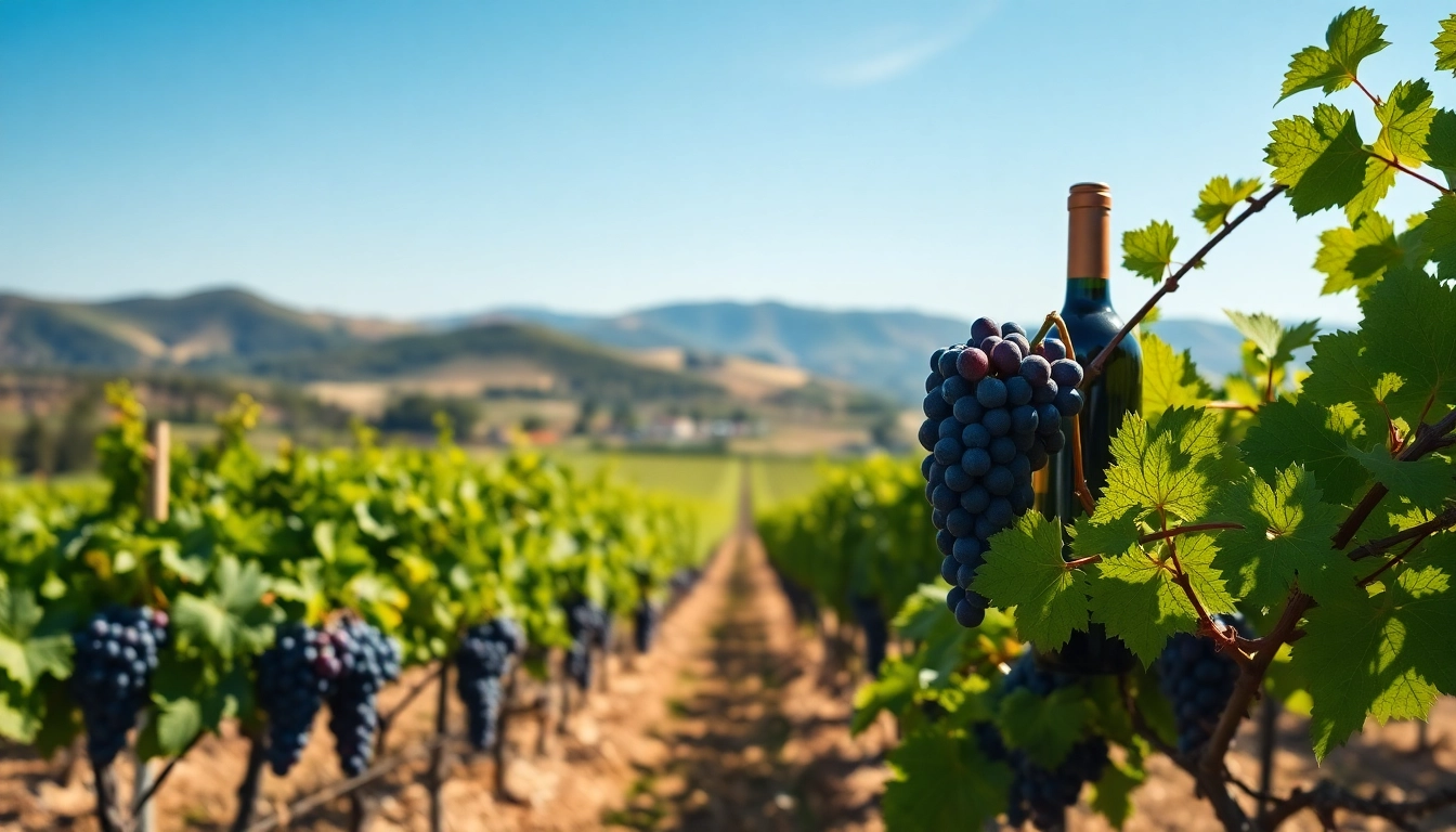 Discover the scenic vineyards in Carksburg CA with ripe grapes and wine bottles.