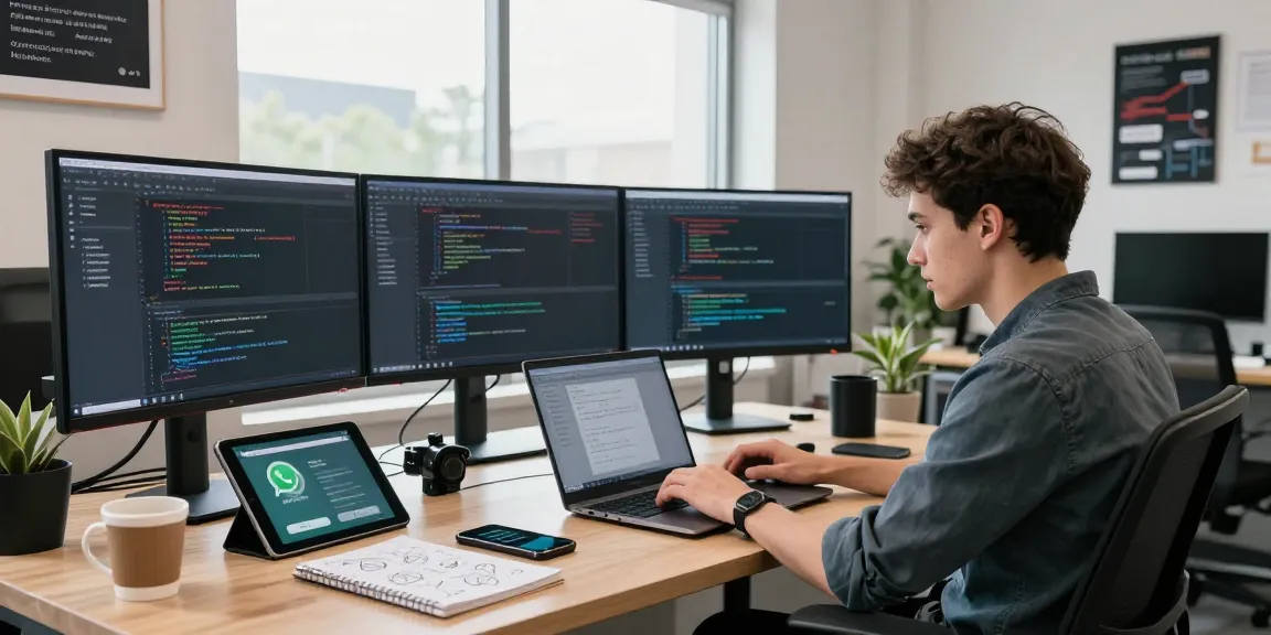 WhatsApp下載 features highlighted on multiple screens in a modern tech workspace.
