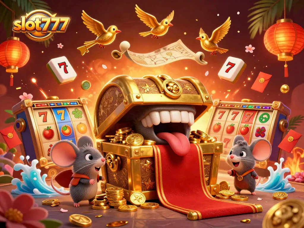 Jelajahi slot777 dengan tema kasino yang kaya dalam ilustrasi digital dengan peti harta karun dan simbol keberuntungan.