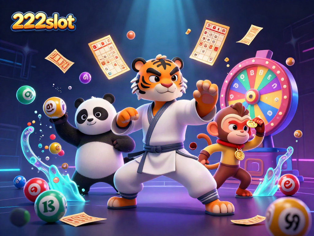 Menangkan pengalaman bermain 222slot dengan tiger kung fu dan teman-teman di latar belakang penuh warna.