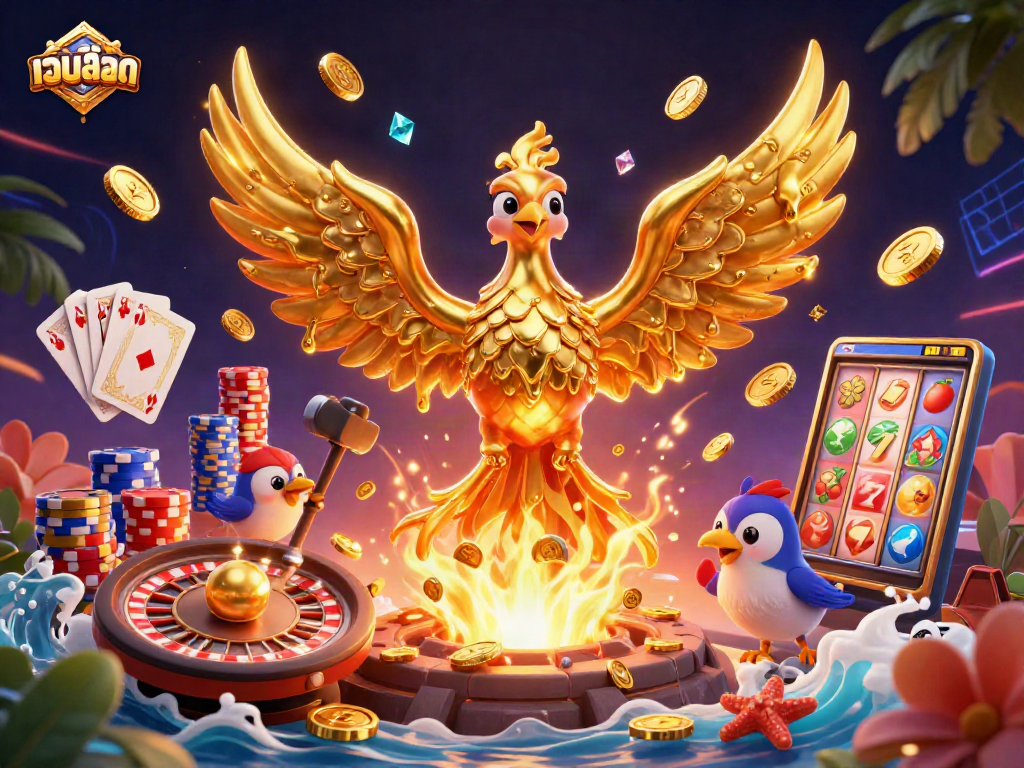 Win big with เว็บสล็อต featuring a golden phoenix and rich gambling elements in a vibrant 3D scene.