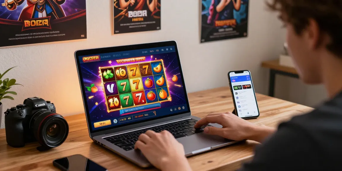 Engaging user at rokok88 alternatif gaming site on laptop, showcasing a vibrant online casino experience.