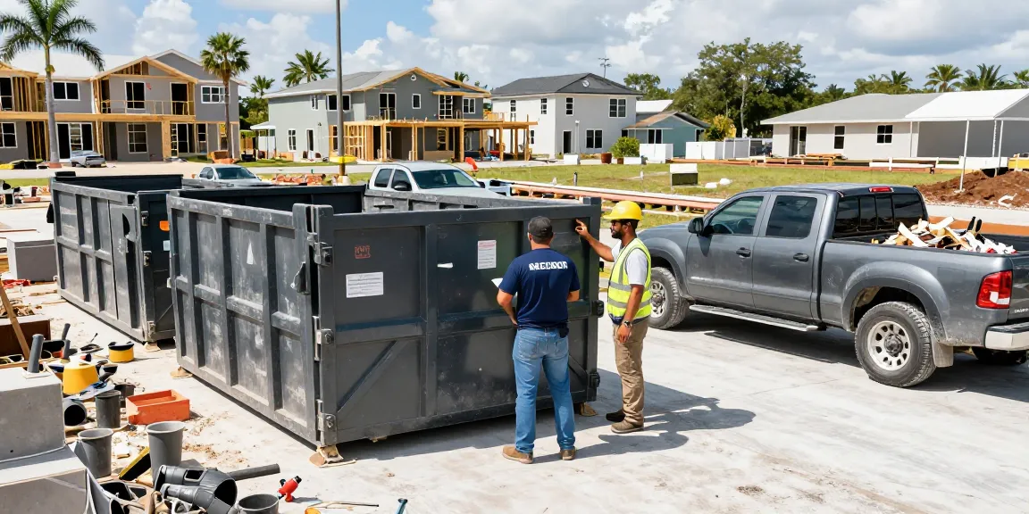 Dumpster Rental in Cape Coral FL: Contractor reviewing project with dumpster on busy construction site under the Florida sun.