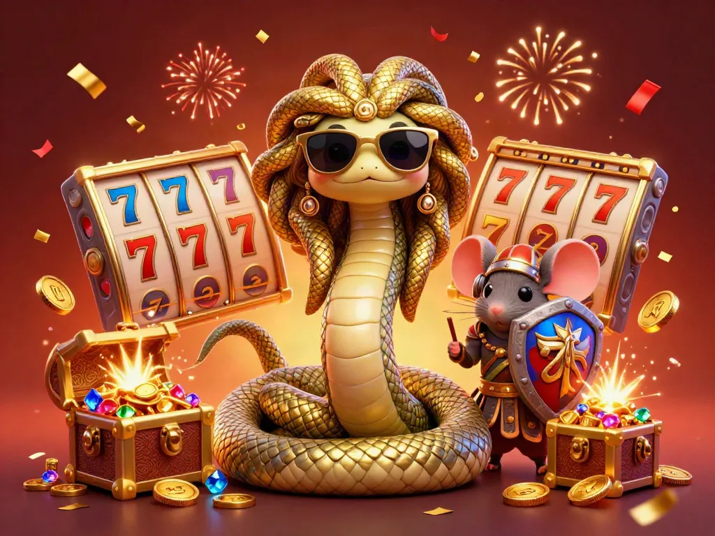 Putar slot online dengan Medusa dan mouse pejuang di tengah harta karun, penuh warna dan keseruan.
