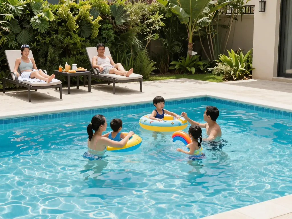 Dolphin Pool Services family enjoying a well-maintained outdoor pool during sunlight.