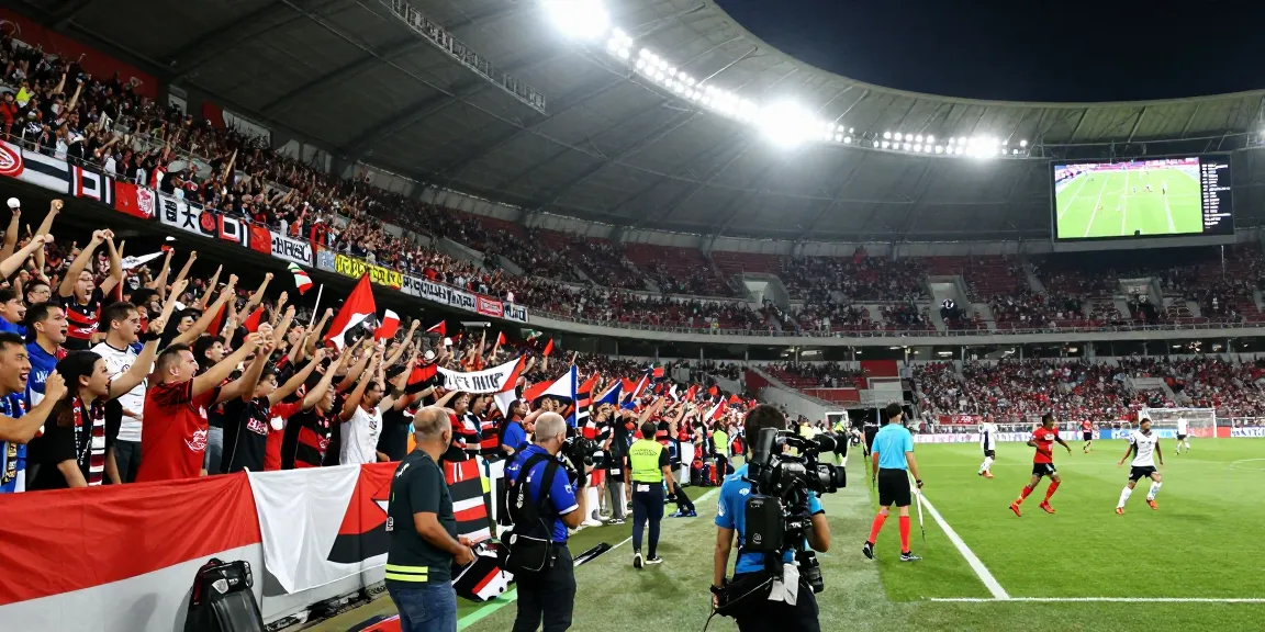 Streaming bola langsung di stadion penuh penonton yang meriah.