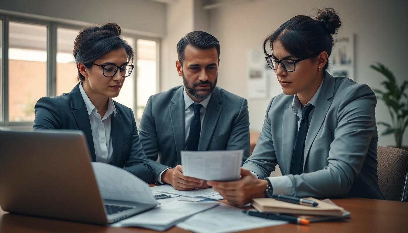 Consultants collaborating on contracts and grants in a professional office setting.