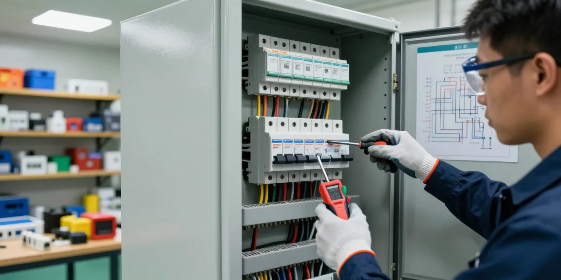 Professional technician installing a DC circuit breaker in a well-organized electrical workshop.