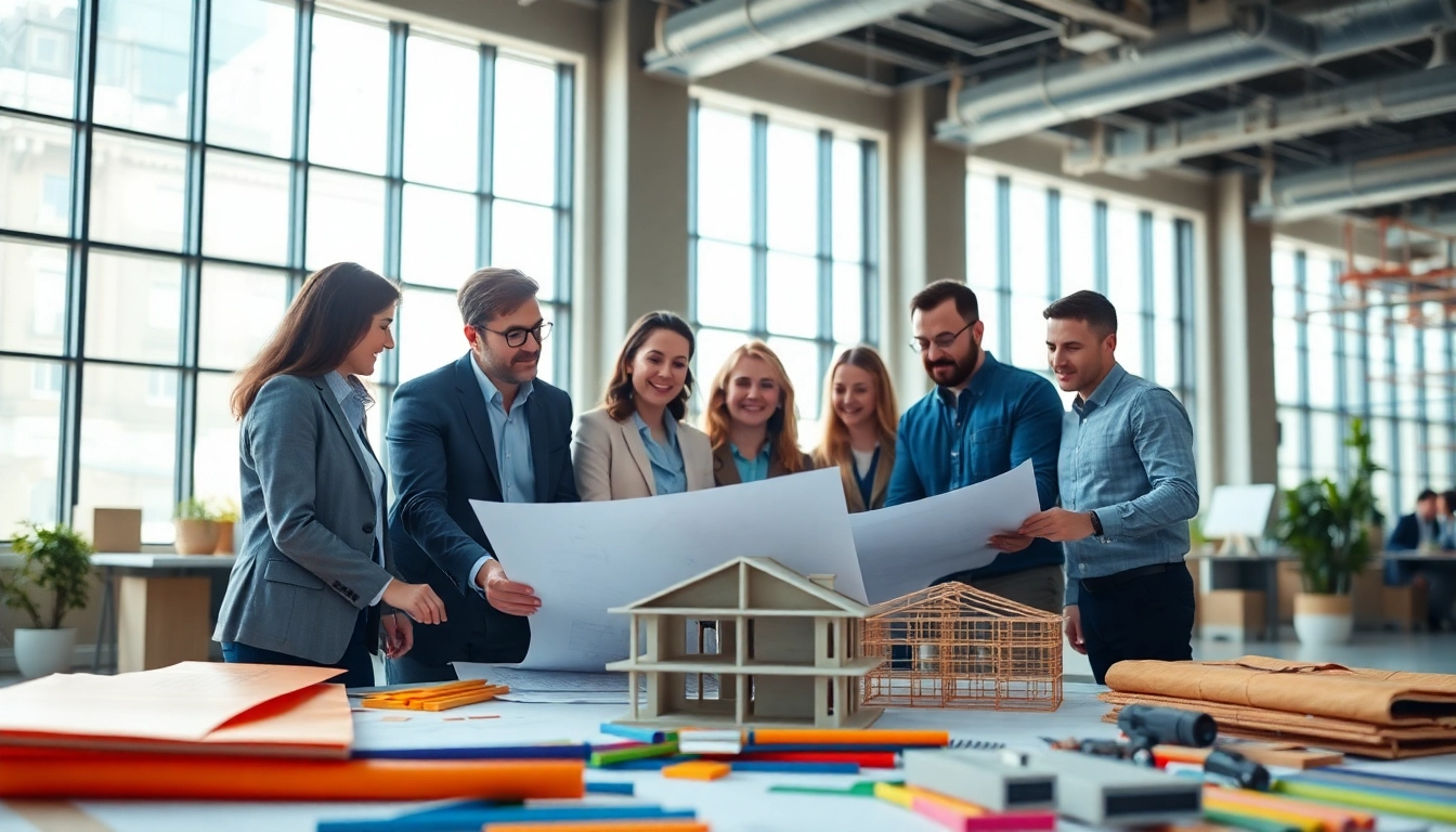 Construction association professionals collaborating with blueprints in a modern office.