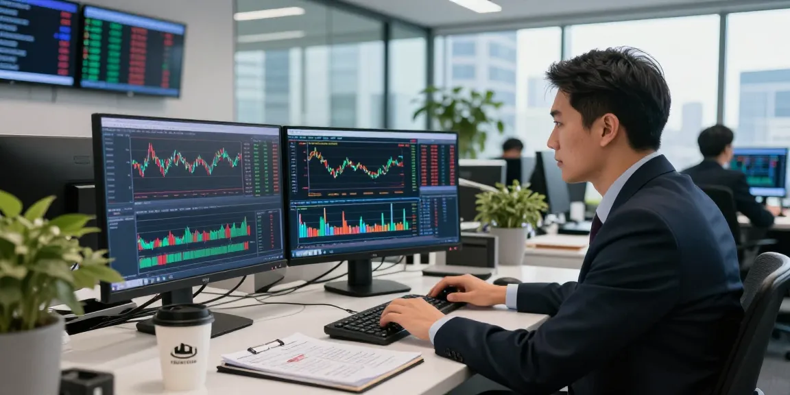 Trader analyzing forex market live prices on multiple screens in a modern office