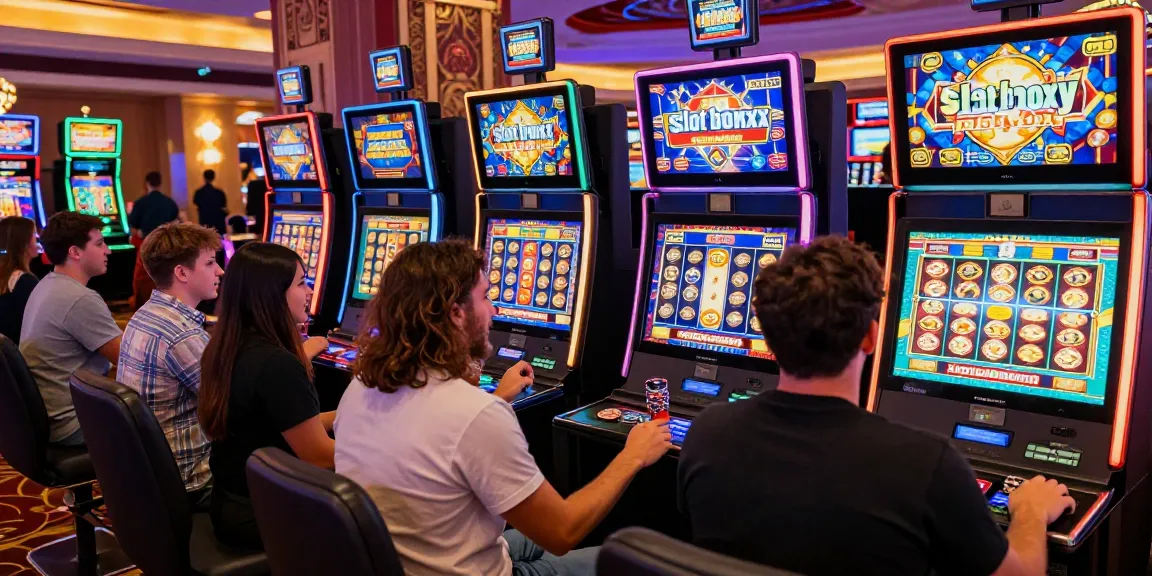 Players celebrating a slot bonus win in a lively casino environment.