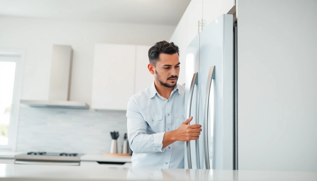 Technician performing appliance repair los angeles on a sleek refrigerator in a bright kitchen.