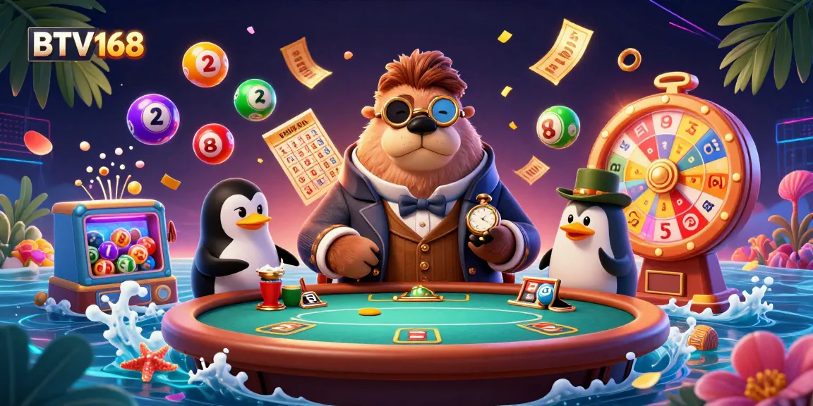BTV168 showcases an underwater casino scene with a walrus, penguin, and pufferfish, blending fun and gaming.