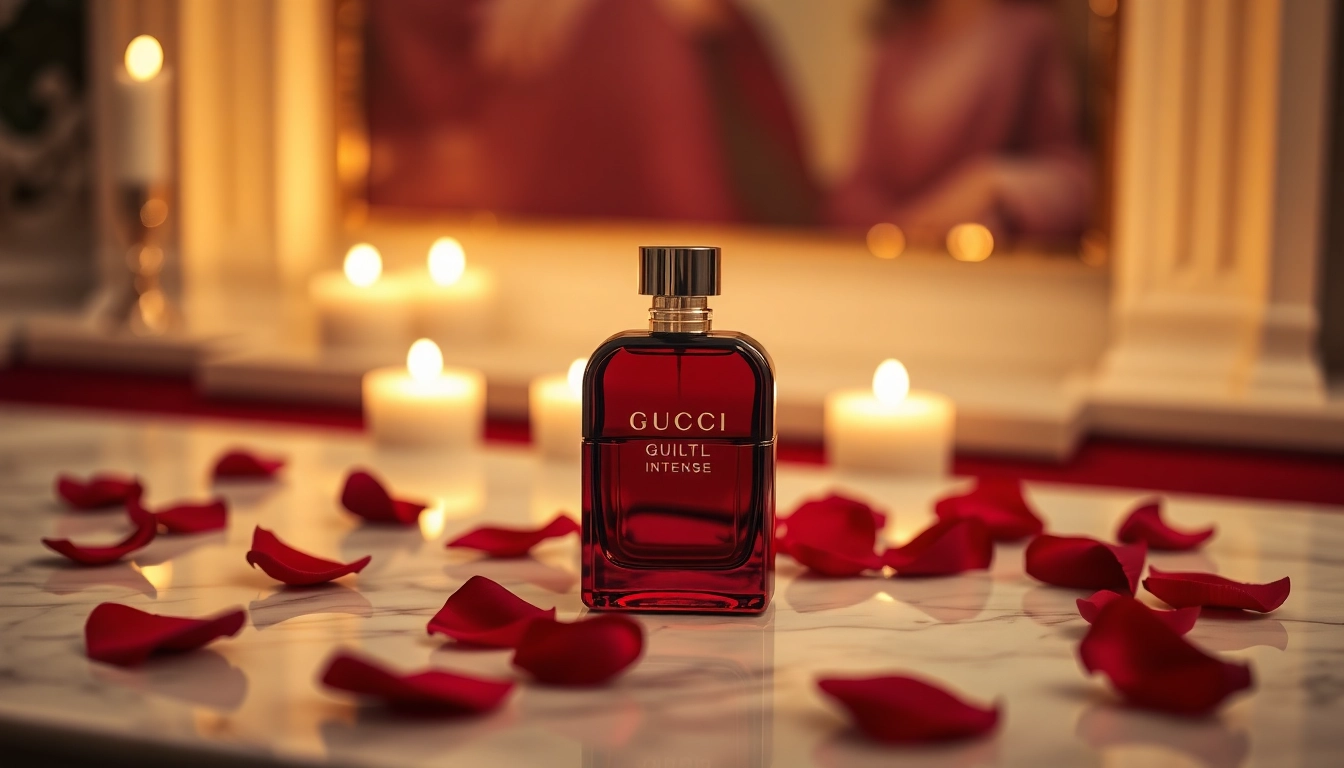 Showcasing gucci guilty intense perfume bottle amidst rose petals and warm candlelight glow.