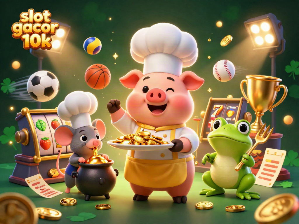 Engage in the excitement of slot gacor 10k with a vibrant scene of animated casino characters serving gold coins.