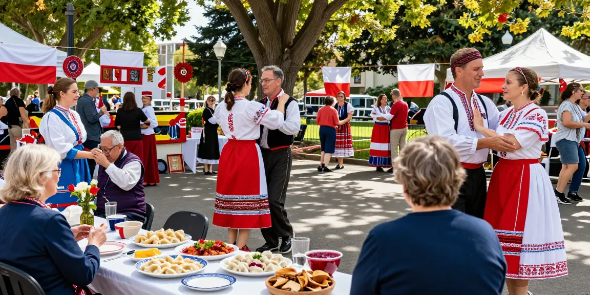 Community celebration showcasing Polish culture at https://www.sfpol.com/ with joyful dance and traditional cuisine.