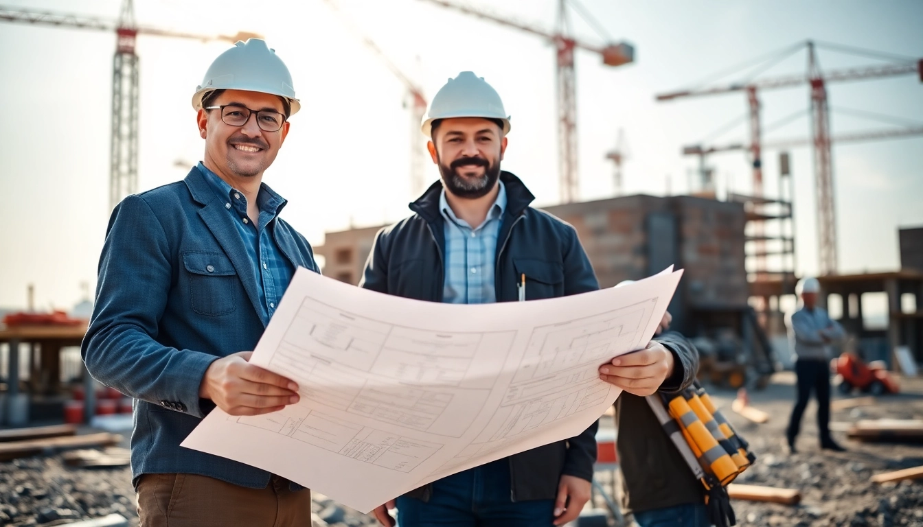 New York General Contractor supervising construction site with blueprints and equipment.