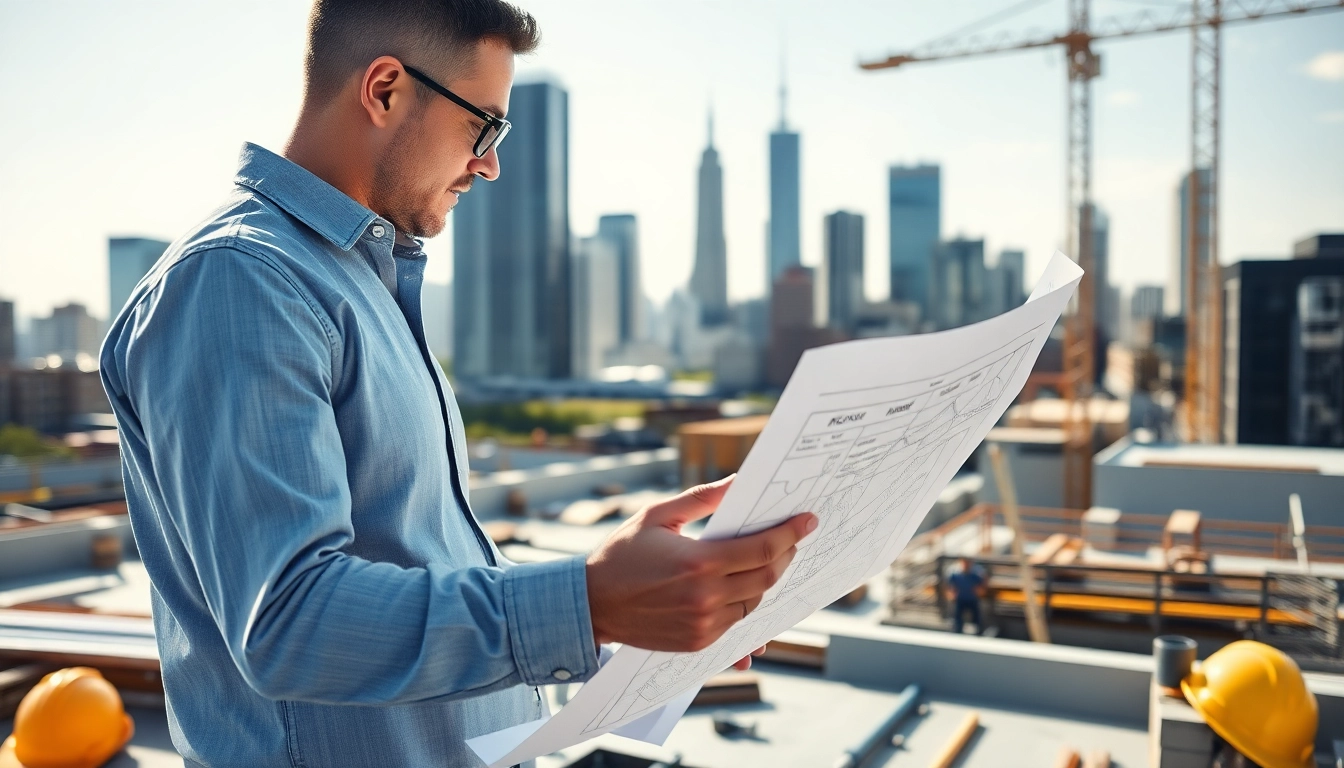New Jersey Construction Manager supervising a bustling urban construction site with plans.