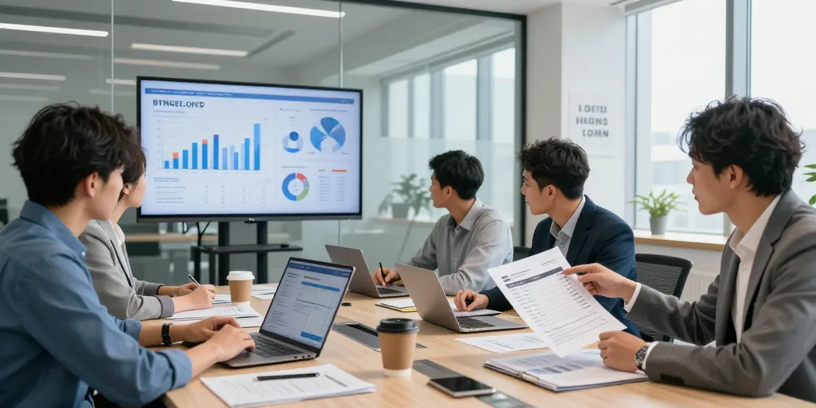 Detect fraud invoice analysis in a modern finance office with professionals collaborating over detailed documents.
