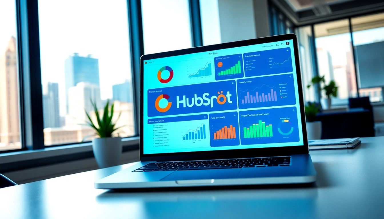 Enhance your workflow with the hubspot crm free showing data analytics on a sleek laptop at a bright office.