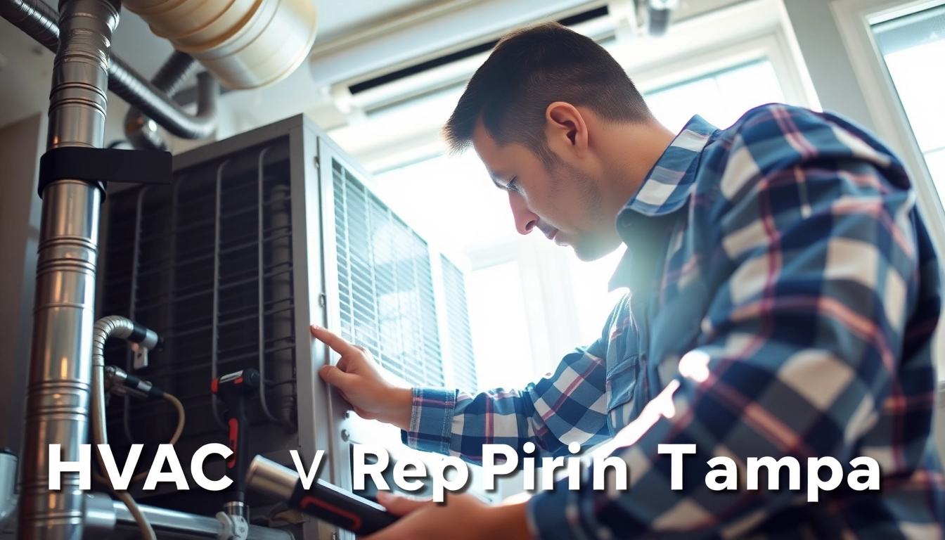 Expert HVAC Repair Tampa technician working on air conditioning unit with tools in hand.