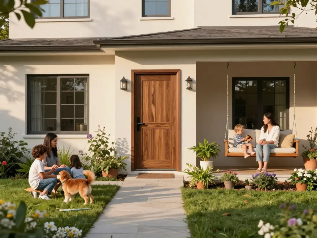 Moderne Haustür als Teil eines einladenden Zuhauses, mit Familie und Grünflächen.
