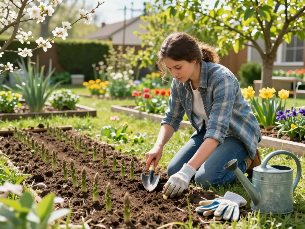 Groene asperges zaaien in a vibrant spring garden with rich foliage and gardening tools.