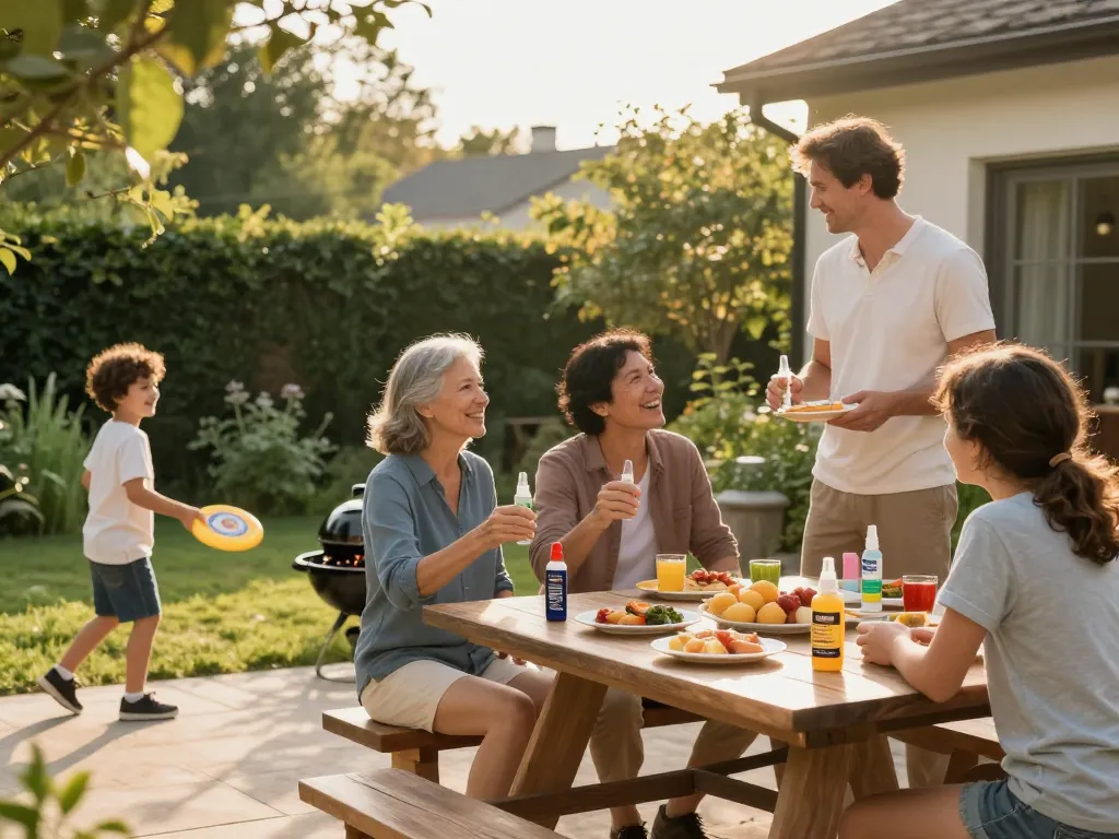 Family enjoying a backyard barbecue while using the Best Mosquito Repellent, creating a joyful outdoor experience.