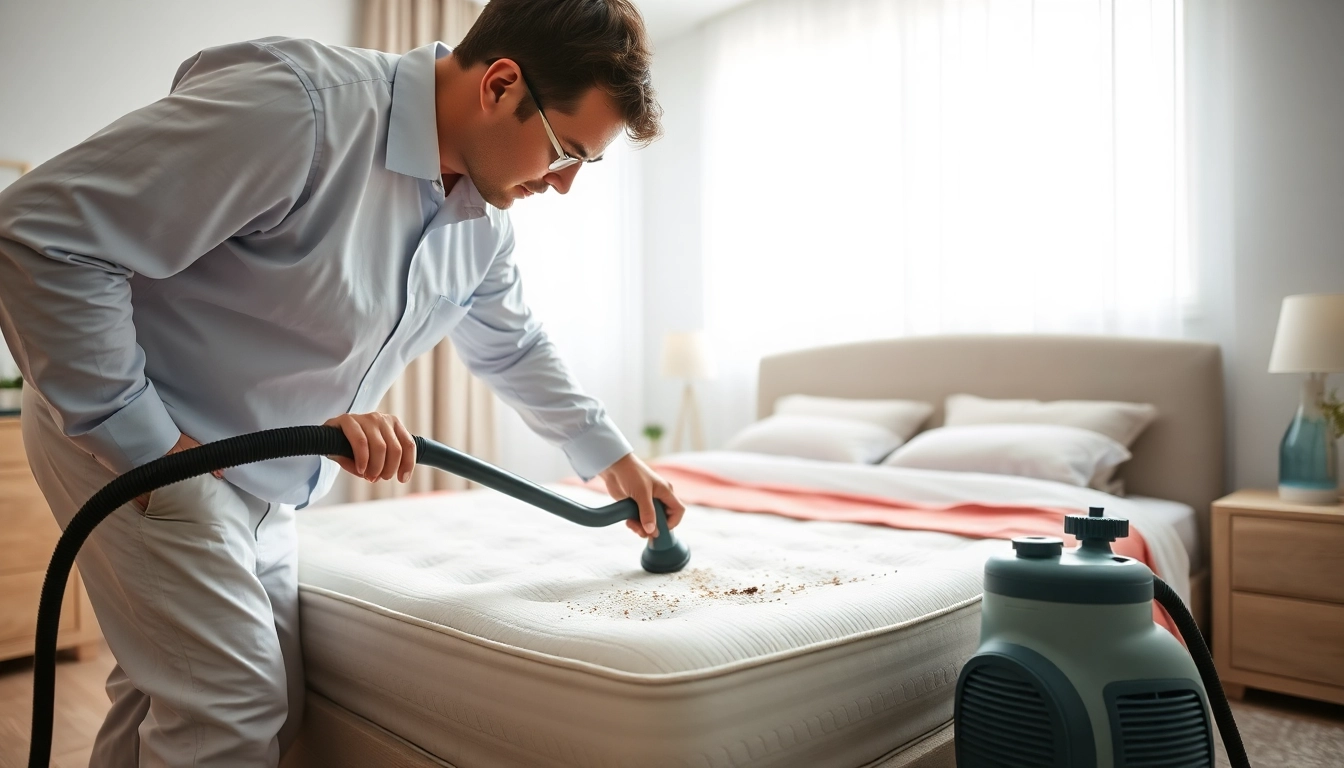 Expert conducting bed bug treatment in a well-organized bedroom, ensuring effective pest control.