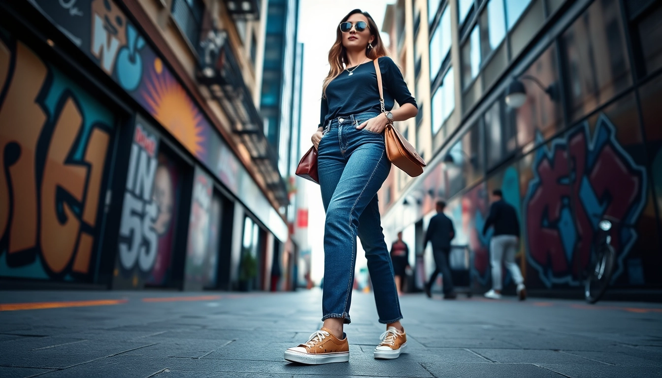 A fashionable woman confidently wears womens slim straight jeans in a vibrant urban setting.