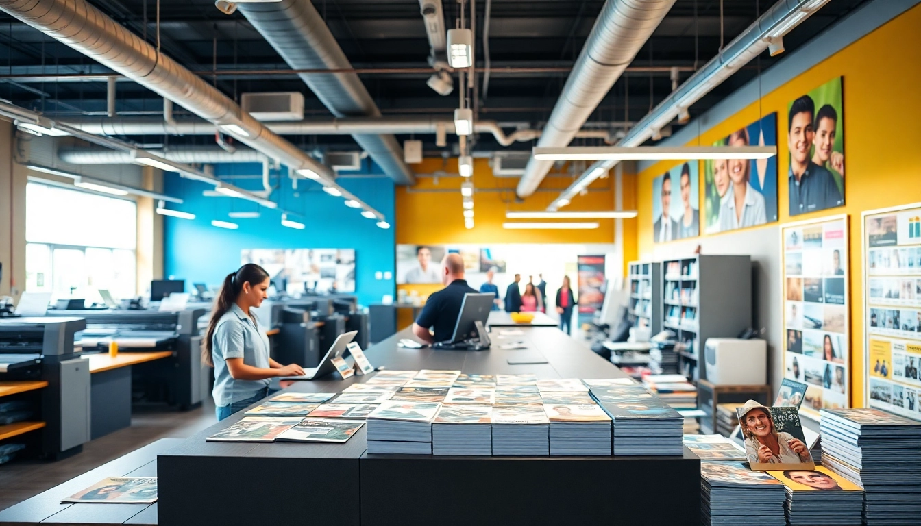 Explore a bustling Edmonton print shop with vibrant printing displays and professional staff.