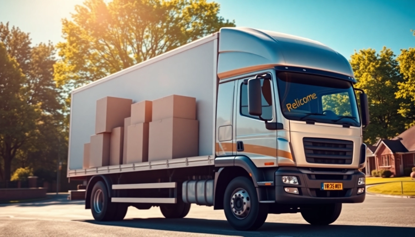 Streamlined removals in Cheltenham with a moving truck and furniture in a sunny suburban neighborhood.