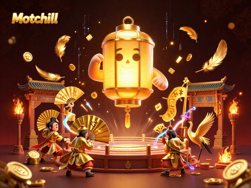 Experience the magic of Motchill with a golden lantern spirit illuminating a vibrant casino scene full of lucky symbols.