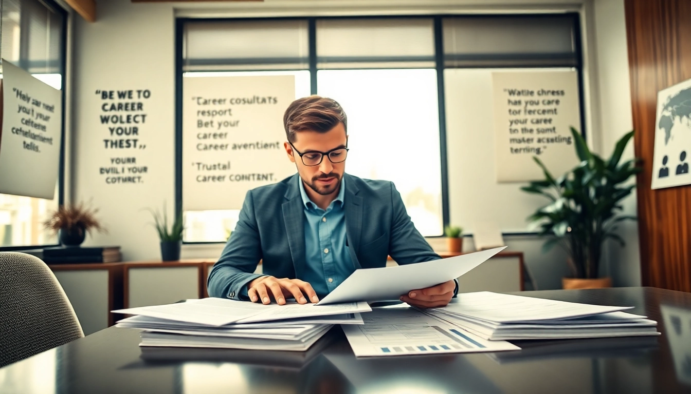 Career consultant reviewing resumes in a professional office environment.