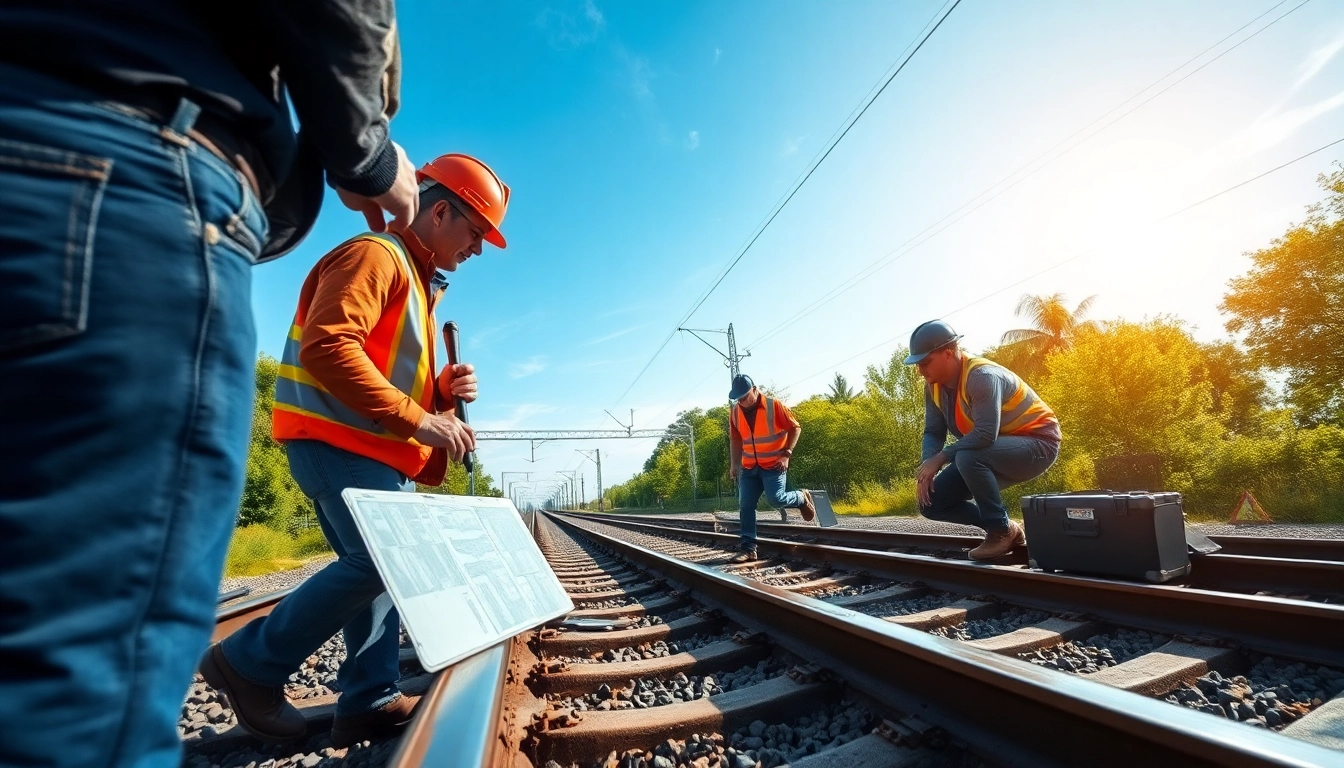 Track Inspectors Near Me assessing railway tracks with professional tools in a natural outdoor setting.