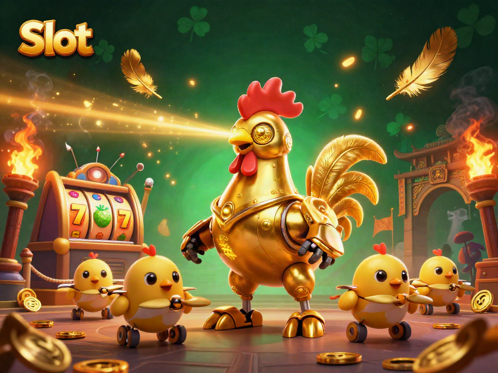 Engage with thrilling Slot adventures featuring a golden rooster robot and baby chick drones in a vibrant arena.