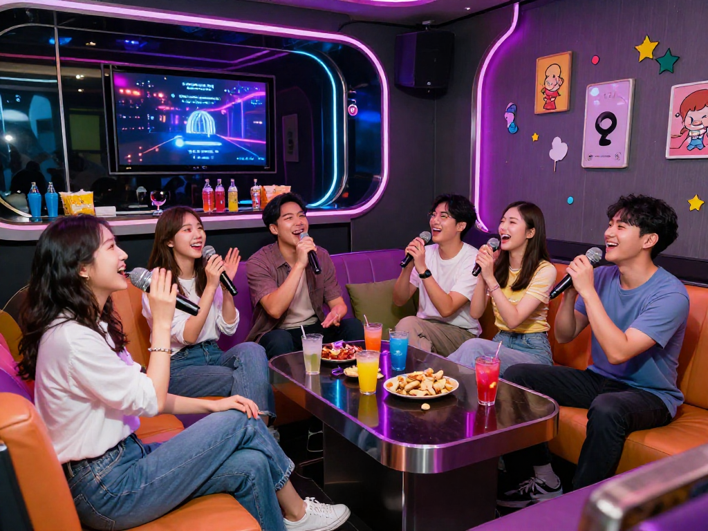 강남 타이밍을 즐기는 사람들이 노래를 부르며 즐거운 분위기를 만드는 도파민 가라오케에서의 모습