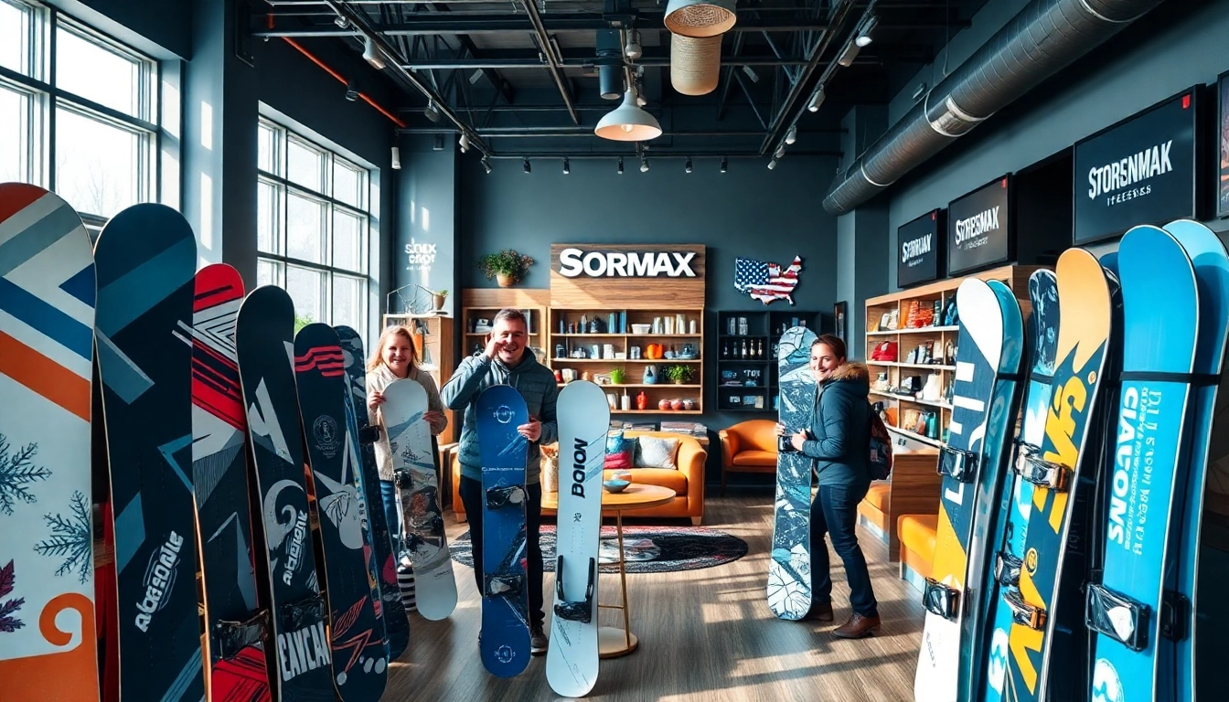 Visit a lively snowboard shop near me featuring exciting designs and friendly customers.